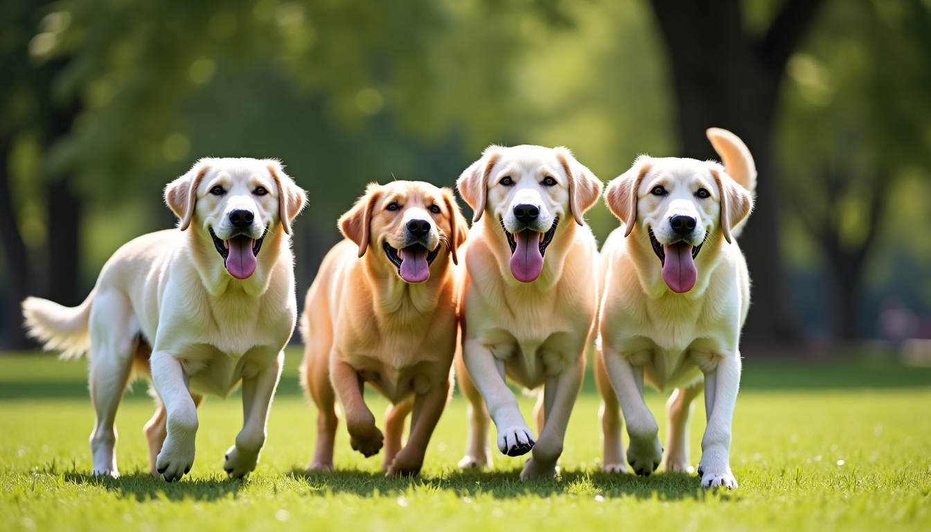 Mosolygó labradorok játszanak együtt