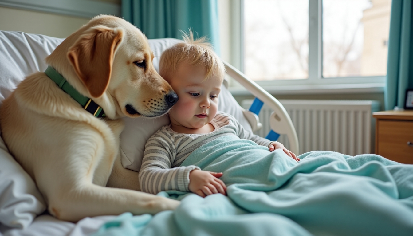 Terápiás labrador gyermek mellett.