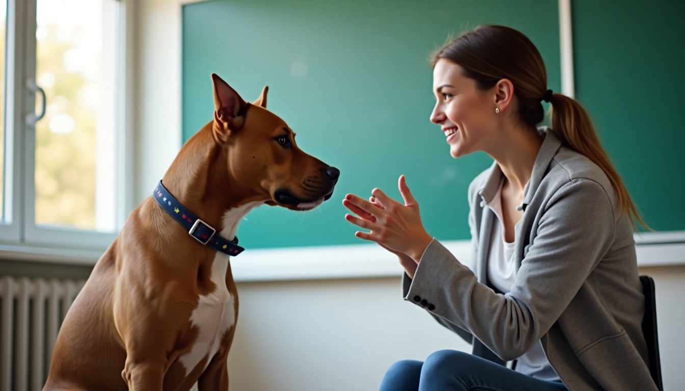 Tanár jelnyelven kommunikál pitbullal.