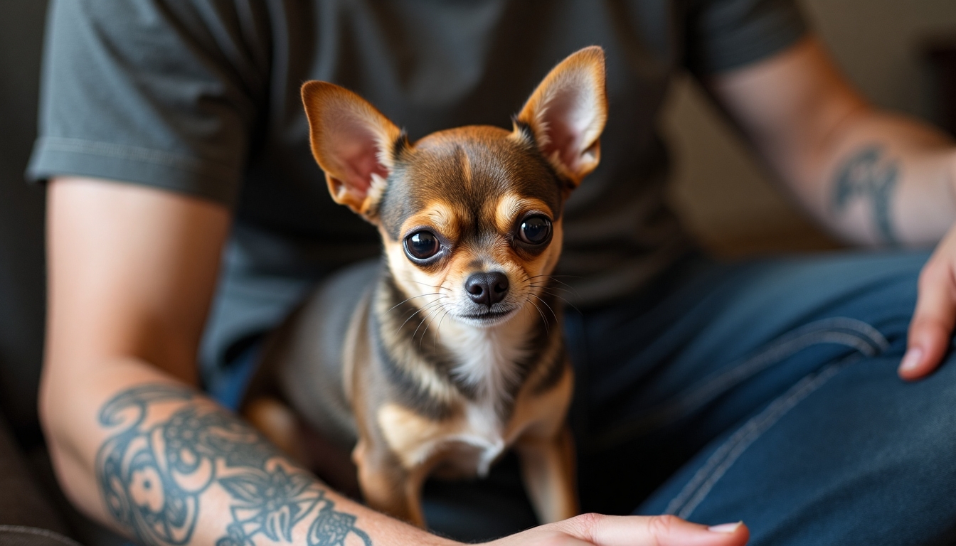Chihuahua pihen tetovált ölben Chihuahua pihen tetovált ölben