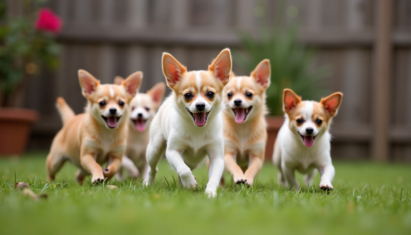 Vidám chihuahuák kergetőznek udvarban Vidám chihuahuák kergetőznek udvarban