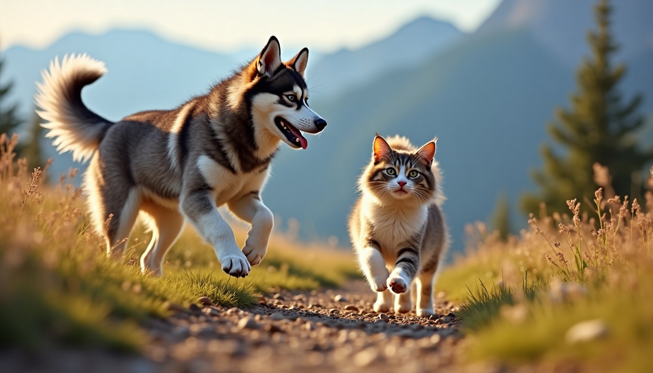 Husky és macska hegyi játéka