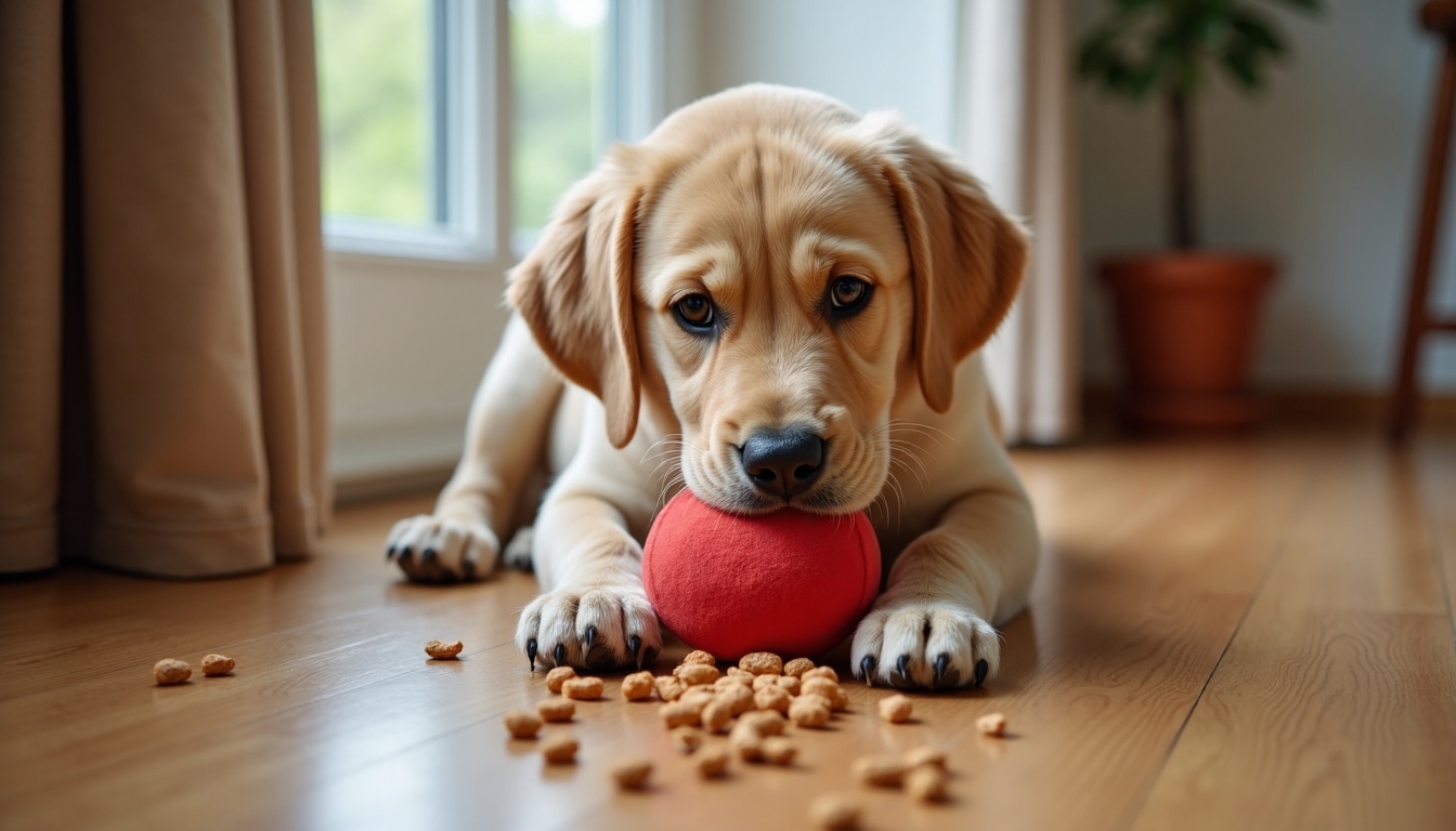Labrador felfedezi töltött játékát.