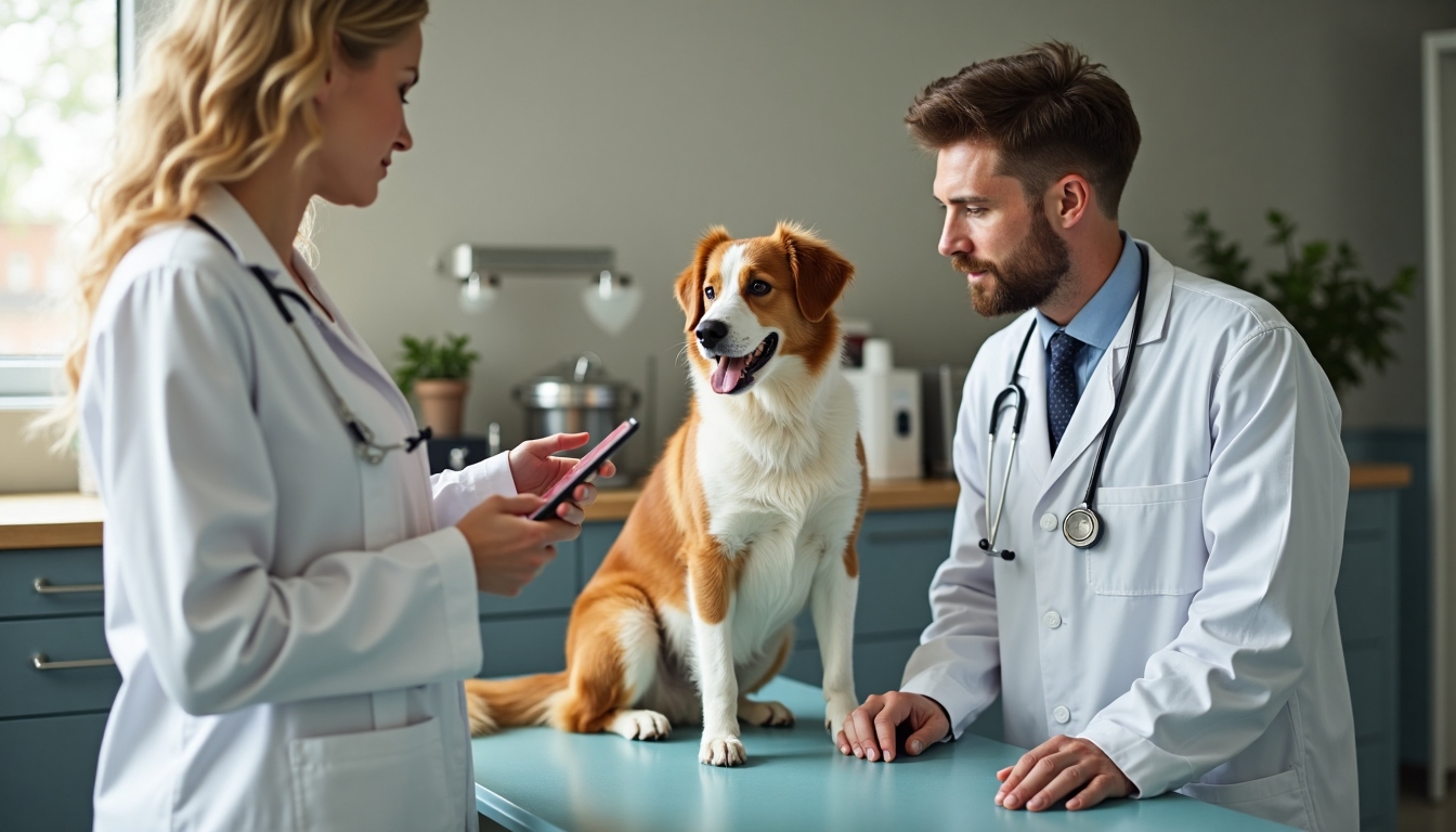 Gazdi konzultál állatorvossal klinikán