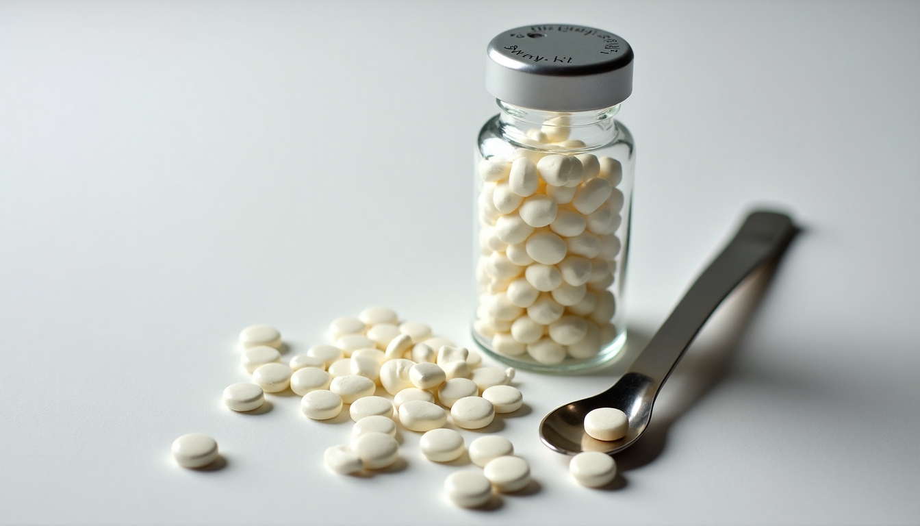Homeopátiás golyócskák üvegcsében mérőkanállal