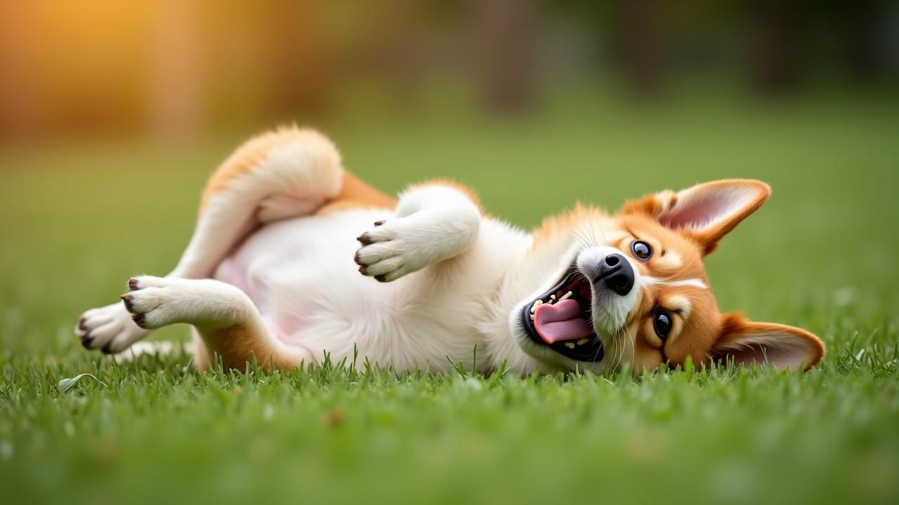 Boldog kutya fűben hempereg
