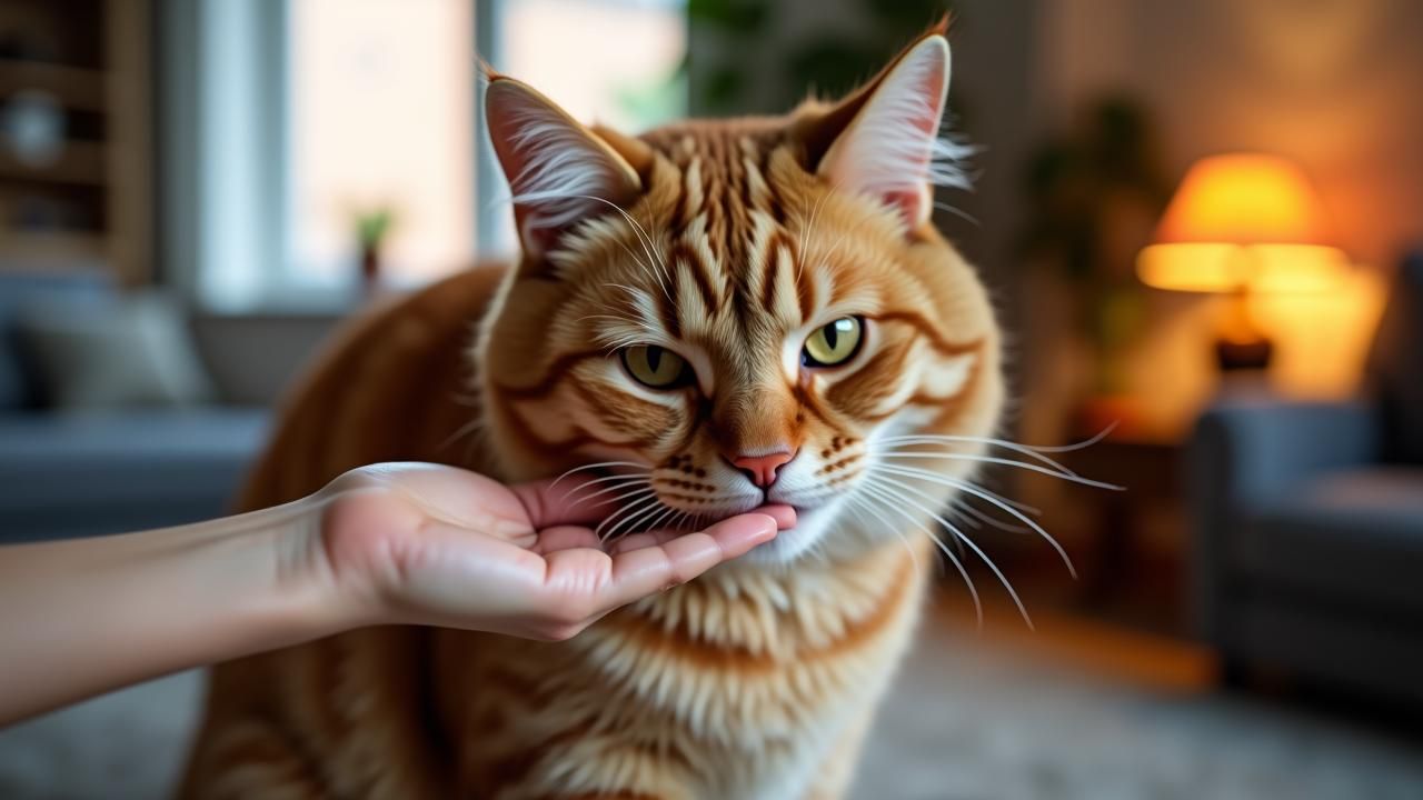 Nyugodt macska kézszaglászás közben