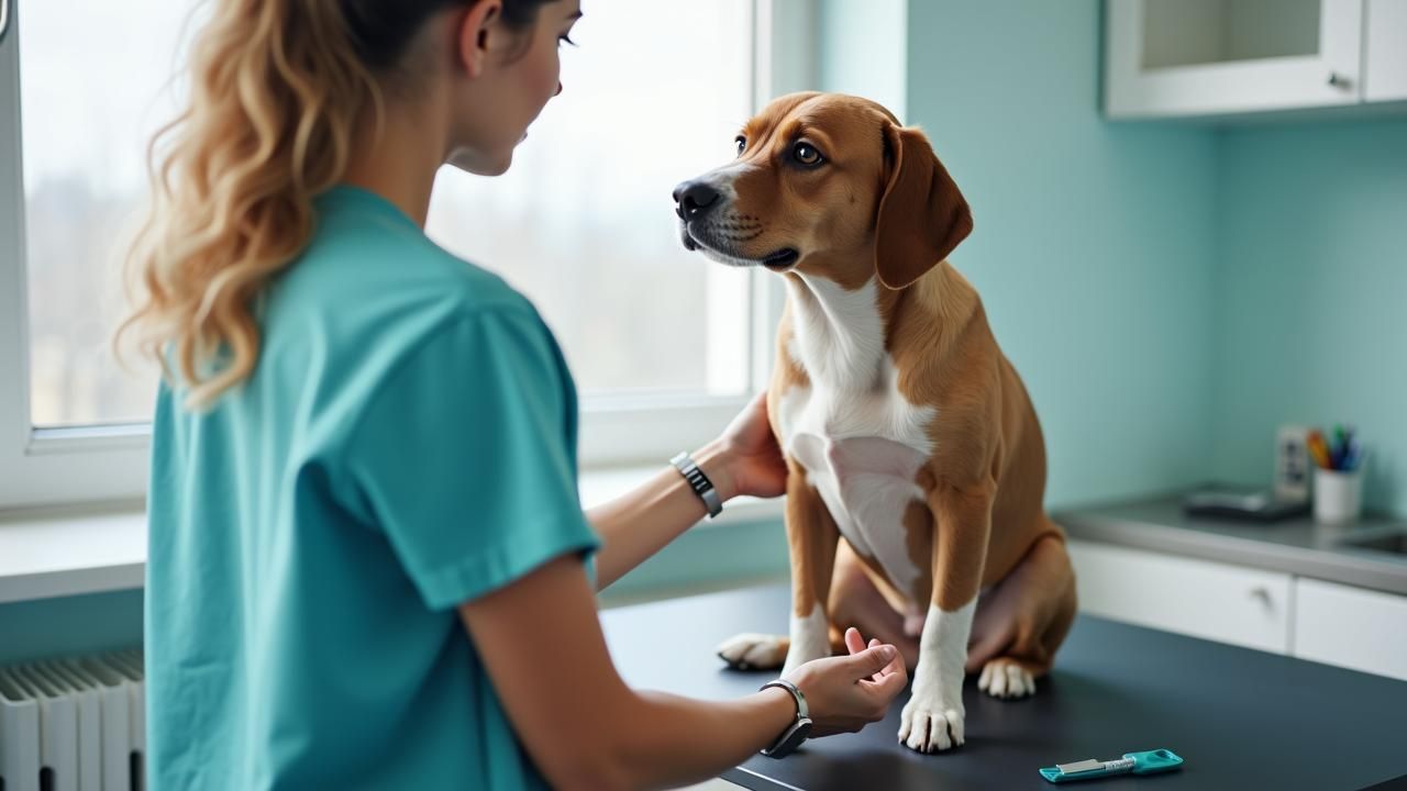 Állatorvos konzultál gazdival klinikán.