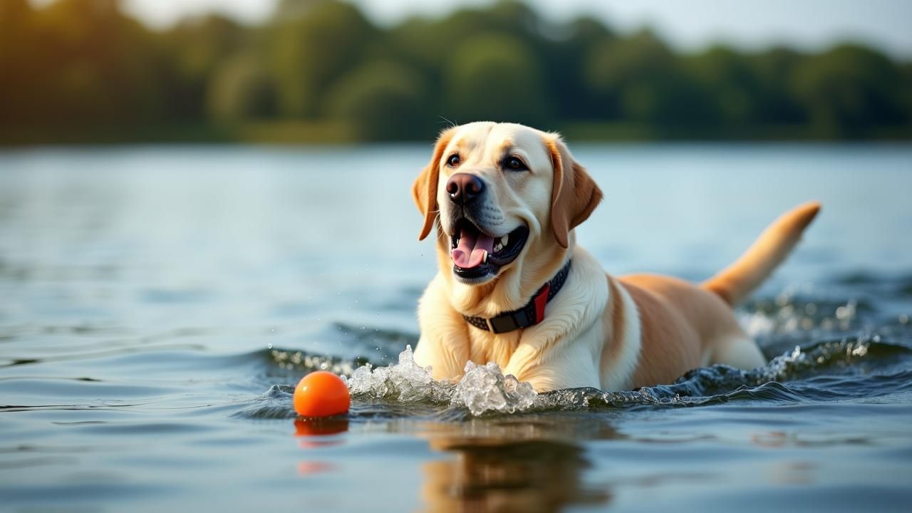 Boldog labrador úsztatása labdáért